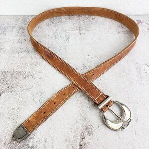 Vintage Genuine Leather Belt tan Brown Art Deco Bohemian Ethnic Western size L